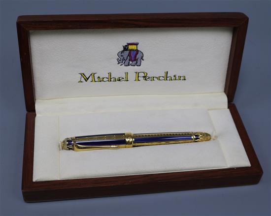 A Michel Perchin silver gilt and Royal bleu guilloche enamel fountain pen, in fitted Michel Perchin box